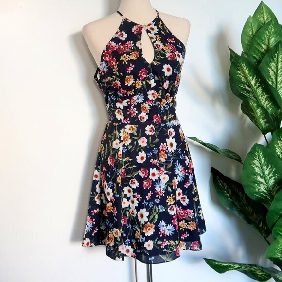 Parker Cosmic Daisy Navy Floral Halter Neck Fit & Flare Mini Dress Size M - Picture 13 of 14